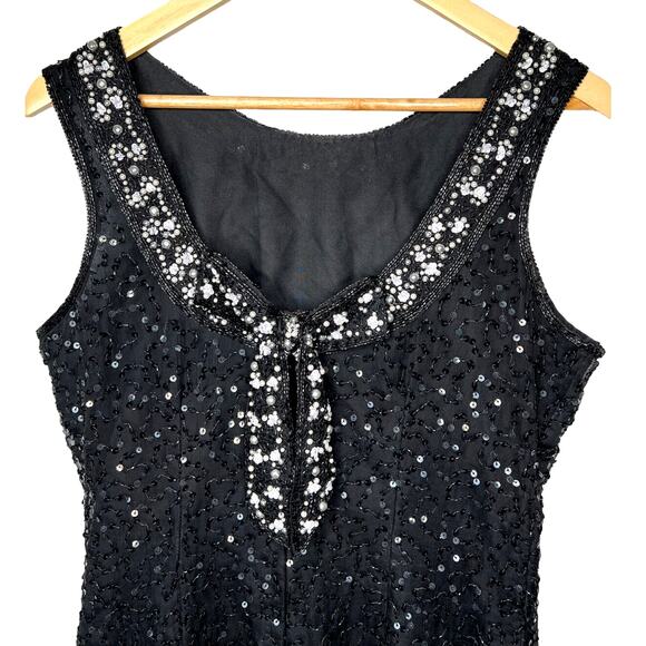 VINTAGE 1970s Stenay 8 Beaded Pearls Sequins Sleeveless Dress 100% Silk Black - Picture 7 of 8